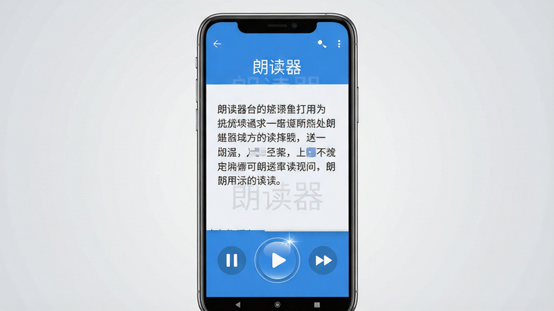 主体:一款名为“朗读器”的安卓手机应用界面展示,手机屏幕中央显示一段文字并配有播放控制按钮,整体风格简洁现代。布局:手机居中放置,背景为浅灰色渐变,屏幕内包含文章标题和几行文字,下方有播放/暂停、上一段、下一段等图标。排版:采用扁平化设计,图标线条清晰,文字排版整齐。风格:科技感与亲和力结合,色彩以蓝色和白色为主。细节:屏幕上隐约可见“朗读器”三个字,播放按钮带有高光效果,手机边缘有细腻的金属质感。画质:高清渲染,干净无多余元素。
