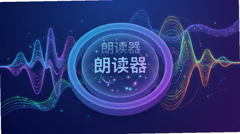 主体:智能语音引擎的抽象概念图,以声波和语音波纹为视觉元素,配合“朗读器”软件名称。布局:中心位置展示一个圆形声波扩散图形,周围环绕着不同颜色的语音波形线条。排版:声波图形立体感强,波形线条流畅。风格:科技蓝紫渐变色调,现代感十足。细节:画面中隐约可见“朗读器”字样,声波中心有微光粒子效果。画质:高清,干净,无多余元素。