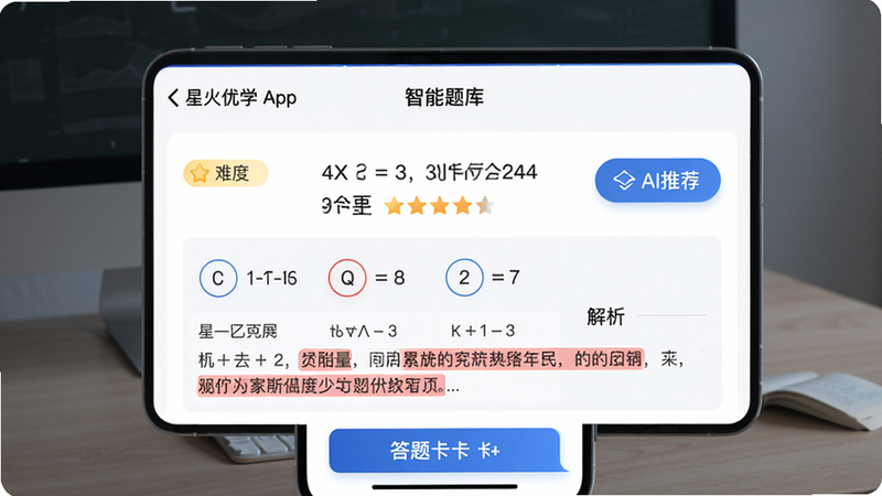 ���壺�ǻ���ѧApp�ġ�������⡱���棬������һ����ѧ�⣬�·���ѡ��ͽ��������֣���Ŀ������У��Ҳ��С�AI�Ƽ�����ť���ײ��д��⿨���Ű棺�������ص�ͻ������񣺼��Ƽ��硣ϸ�ڣ���Ŀ�����Ѷ��Ǽ���ʶ�����������к�ɫ�����ؼ��ʡ����ʣ����壬�ɾ����޶���Ԫ�ء�