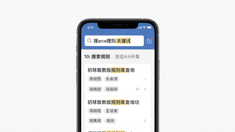 初球裁教版规则库查询功能预览图,主体为手机屏幕展示搜索规则关键词的界面,布局上方为搜索框下方为规则列表,风格简洁清晰,细节包含高亮关键词和分类标签,画质干净无多余元素