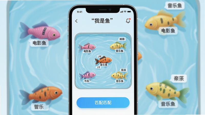主体: 手机屏幕显示“我是鱼”的鱼塘匹配界面,不同颜色的鱼在池塘里游动。布局: 界面居中,鱼群分散,背景是淡蓝色水面。排版: 清晰展示匹配选项,按钮醒目。风格: UI设计图,现代简约。细节: 鱼身上有标签如“电影鱼”“音乐鱼”,画面干净。画质: 高清,干净,无多余元素。