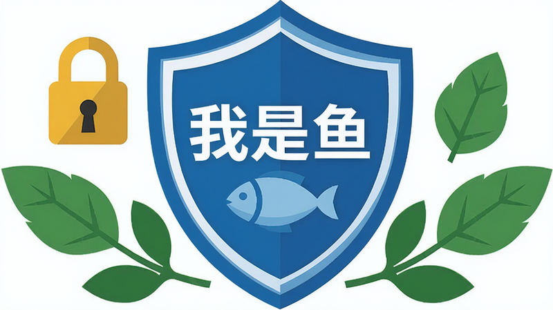 主体: 一个盾牌图标,上面有“我是鱼”字样,周围有锁和绿叶。布局: 盾牌居中,装饰元素环绕。排版: 简洁大方,安全感强。风格: 扁平化设计,蓝色主调。细节: 锁是金色,绿叶点缀,画面干净。画质: 高清,干净,无多余元素。