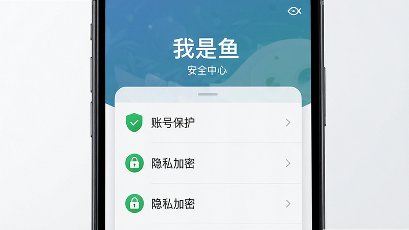 主体: 一部手机屏幕显示“我是鱼”的安全中心界面,有“账号保护”“隐私加密”等选项。布局: 屏幕居中,选项列表排列。排版: 清晰直观,绿色安全标识。风格: 写实界面截图风格。细节: 有盾牌图标,背景干净。画质: 高清,干净,无多余元素。