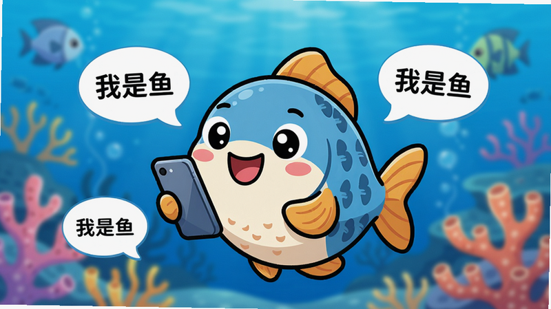 主体: 一条可爱的卡通鱼拿着手机在聊天,旁边有气泡对话框,背景是蓝色海洋和珊瑚。布局: 主体居中,气泡围绕,背景虚化。排版: 简洁明快,突出聊天氛围。风格: 卡通插画,色彩鲜艳,治愈系。细节: 鱼的表情开心,气泡内有“我是鱼”文字,画面干净。画质: 高清,干净,无多余元素。