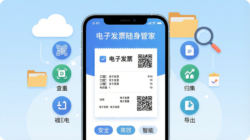 主体:一部智能手机屏幕显示“电子发票随身管家”应用界面,界面中央有一张清晰的电子发票样张,周围环绕着多个功能图标(如扫码、查重、归集、导出)。布局:手机置于画面中心偏下,背景为浅蓝色渐变,上方漂浮着云朵和文件夹、放大镜等元素,形成云端数据管理意象。排版:界面图标整齐排列,发票样张突出显示,文字标签清晰可见。风格:扁平化插画风格,色彩明快,整体干净清爽,体现专业与便捷。细节:发票上印有“电子发票”字样及二维码,手机下方有“安全”“高效”“智能”三个小标签。画质:高清渲染,干净无多余元素。