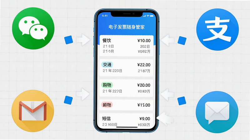 主体:一部手机连接着多个来源图标(微信、支付宝、邮箱、短信),所有图标指向手机屏幕上的“电子发票随身管家”应用。布局:手机居中,四周环绕四个彩色圆形图标,每个图标带有一个小箭头指向手机,背景为淡灰色网格。排版:图标大小均匀,手机屏幕显示归类后的发票列表。风格:简洁科技风,线条流畅,蓝色主色调。细节:屏幕列表中有“餐饮”“交通”“购物”等分类标签,每个发票条目显示金额和日期。画质:高清,干净,无多余元素。