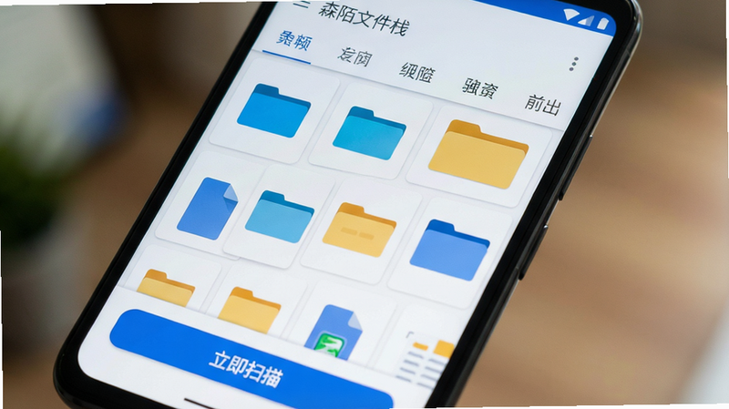 һ�������ֻ���Ļ����д����Ļ������ʾ��Ϊ��ɭİ�ļ�ջ����App�����棬������Ϊ�ִ���Լ��Material Design��񣬶����з����ǩ�����в�������״���е��ļ�����ͼ���ײ�����ɫ�ġ�����ɨ�衱��ť�����岼��������ɫ�����죬�����黯��ͻ���ֻ���Ļ���ݡ����ʸ��壬�ɾ��޶���Ԫ�ء�