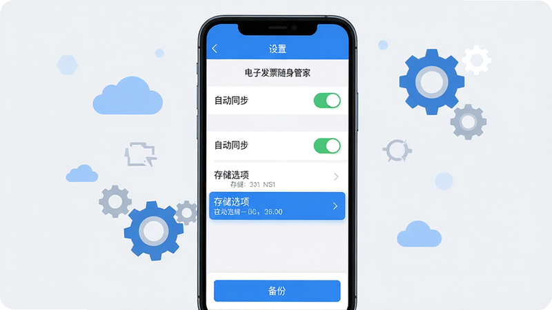 主体:一部手机展示“电子发票随身管家”的设置页面,页面中“自动同步”开关为开启状态,存储选项突出显示。布局:手机居中,背景为淡灰色,周围有云朵和齿轮图标。排版:设置项清晰排列,开关为绿色,存储选项为蓝色高亮。风格:扁平化,简洁,蓝色调。细节:屏幕顶部有“设置”标题,底部有“备份”按钮。画质:高清,干净,无多余元素。