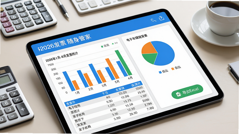 主体:一台平板电脑展示“电子发票随身管家”的报表界面,屏幕上显示柱状图和饼图,旁边有导出按钮。布局:平板电脑斜放于桌面,背景为浅色办公桌,桌上有计算器和咖啡杯。排版:报表图表清晰,颜色鲜艳(蓝、橙、绿),右下角有“导出Excel”按钮。风格:商务办公风,写实渲染,光线自然。细节:屏幕左上角显示“2026年1月-6月发票统计”,图表下方有表格数据。画质:高清,干净,无多余元素。