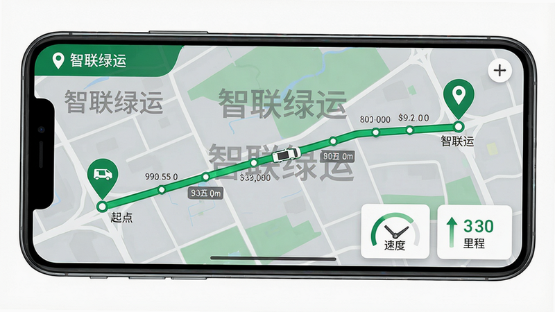 ����Ϊ���������ˡ�APP�Ĺ켣׷�ٽ��棬�ֻ�����չʾ����ͼ����ʾһ����ɫ��ʻ�켣�ߣ�������������յ��ǣ��м��г���ͼ�ꡣ����Ϊȫ����ͼģʽ�����½����ٶ���������ݿ�Ƭ�����Ϊ�Ƽ��б�ƽ����ƣ�ɫ������ɫ���ɫΪ����ϸ�ڰ������������ˡ�ˮӡ��켣�����꣬���ʸ���ɾ����޶���Ԫ�ء�
