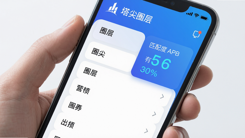 ���壺����Ȧ��APP��Ȧ��ƥ����棻���֣��ֻ���ĻչʾȦ������б����Ҳ���ƥ��Ȱٷֱȣ��Ű棺�����࣬������������񣺿Ƽ��С���ɫ���䣻ϸ�ڣ���ʾ������Ȧ�㡱Logo��ƥ���������Ŀ�����ʣ����壬�ɾ����޶���Ԫ�ء�