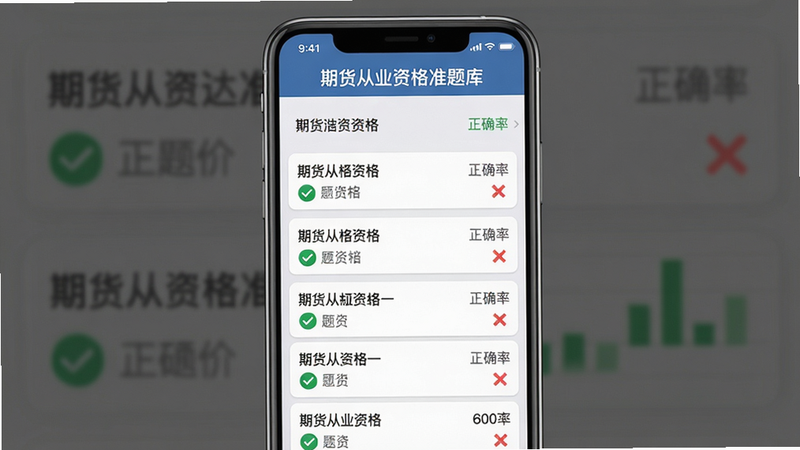 ���壺�ڻ���ҵ�ʸ�׼���App������б�ҳ�棬�ֻ�������ʾ�������С��ڻ���ҵ�ʸ�׼��⡱�������б����и������ͺ���ȷ��ͳ�ƣ����֣��ֻ����У�����Ϊǳ��ɫ���Ű棺�б�ʽ����񣺱�ƽ��UI��ƣ�ϸ�ڣ���Ŀ��������������ɫ�Թ��ͺ�ɫ��ű�ǣ����ʣ����壬�ɾ����޶���Ԫ��