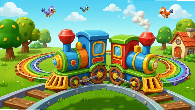 快乐小火车游戏画面,小火车行驶在彩虹轨道上,轨道周围是卡通风格的树木和房屋,天空中有飞鸟,画面色彩明亮,充满童趣,细节丰富,画质高清,干净无多余元素。