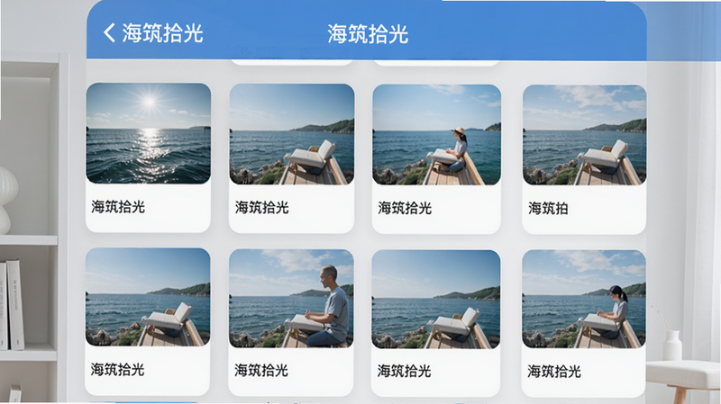 展示海筑拾光应用的收藏夹页面,屏幕上整齐排列着多个收藏卡片,卡片上显示图片与标题,背景为淡灰色的室内环境,界面简洁,突出“海筑拾光”应用名称,色彩以蓝色为主,排版整齐,画质干净,无多余元素
