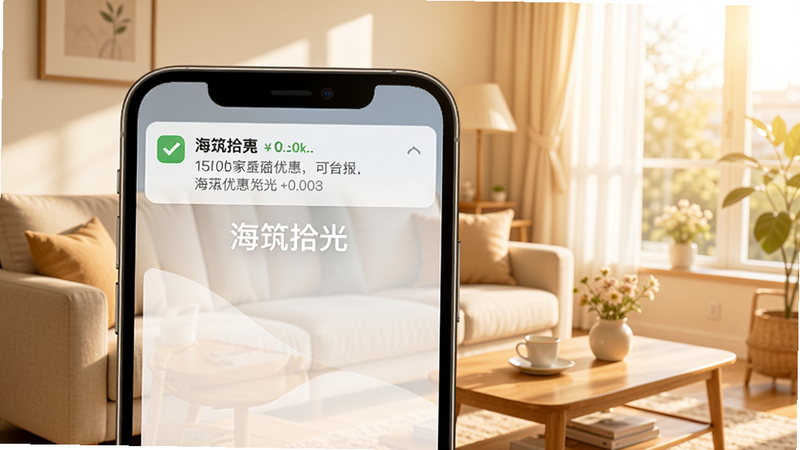海筑拾光应用的通知推送界面,手机顶部显示一条推送消息,内容为商家优惠信息,背景为明亮的客厅场景,手机屏幕清晰可见“海筑拾光”字样,画面以暖色调为主,突出实时性与生活感,画质干净,无多余元素