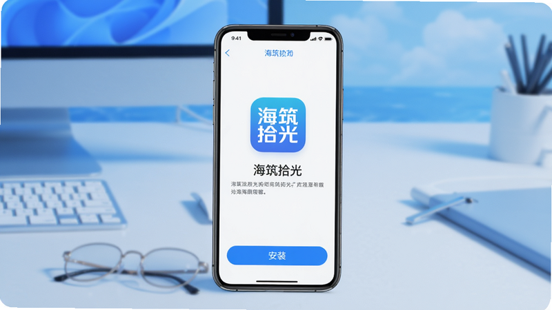 展示海筑拾光应用安装步骤,手机屏幕显示安装界面,下方有“安装”按钮,背景为简洁的桌面,画面以蓝色调为主,突出“海筑拾光”图标,画质干净,无多余元素