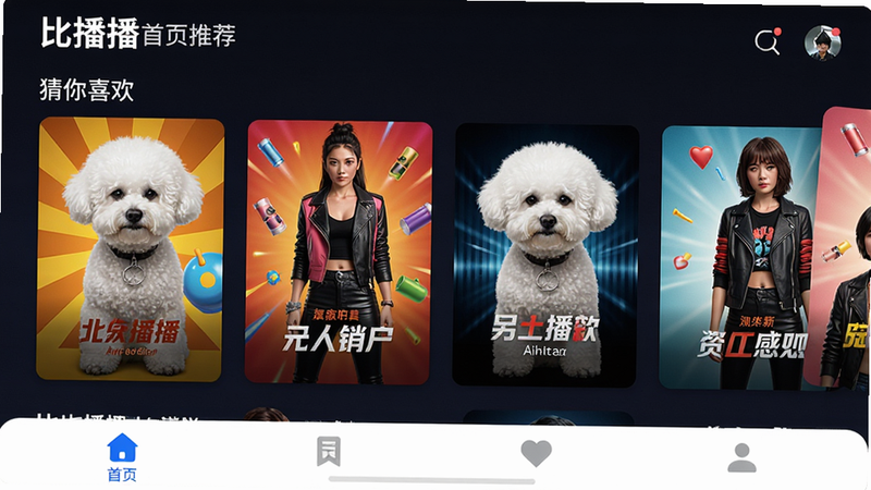 主体:比熊播播首页推荐栏,展示“猜你喜欢”模块,包含多部影片封面。布局:横向滑动卡片设计,后一张卡片露出边缘。排版:每张卡片有缩略图和简短标题。风格:时尚动感,色彩丰富。细节:底部导航栏高亮“首页”选项。画质:高清,干净,无多余元素。