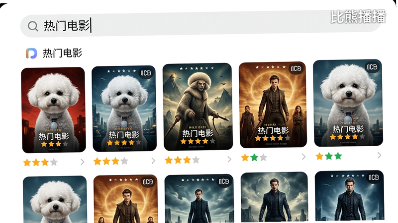 主体:比熊播播的搜索界面,搜索框内输入“热门电影”,下方显示多个清晰的海报结果。布局:手机界面截图样式,顶部搜索栏,下方网格排列。排版:海报大小统一,有评分和清晰度标识。风格:现代简洁,图标圆润。细节:界面右上角有“比熊播播”水印。画质:高清,干净,无多余元素。