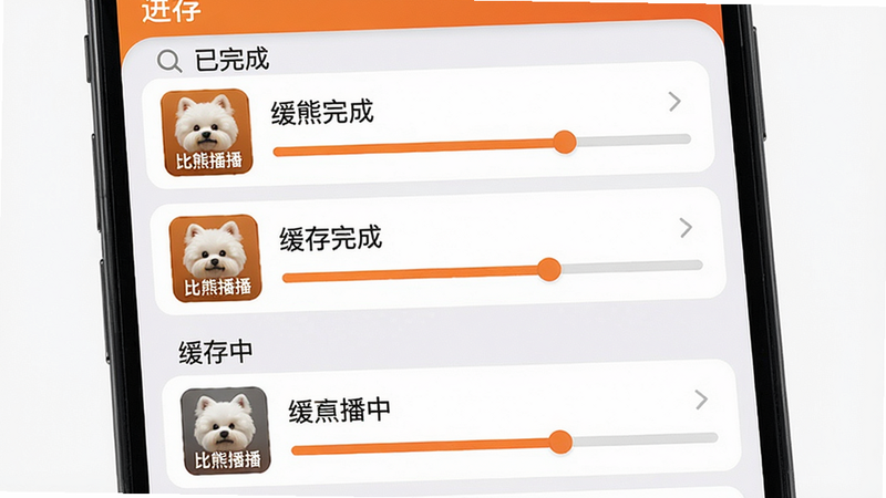 主体:手机设置界面,显示缓存管理页面,有“缓存完成”和“缓存中”列表。布局:列表形式,每项显示封面、标题和进度条。排版:清晰区分已完成和进行中的任务。风格:清爽的卡片式设计。细节:有“比熊播播”的橙色主题色。画质:高清,干净,无多余元素。