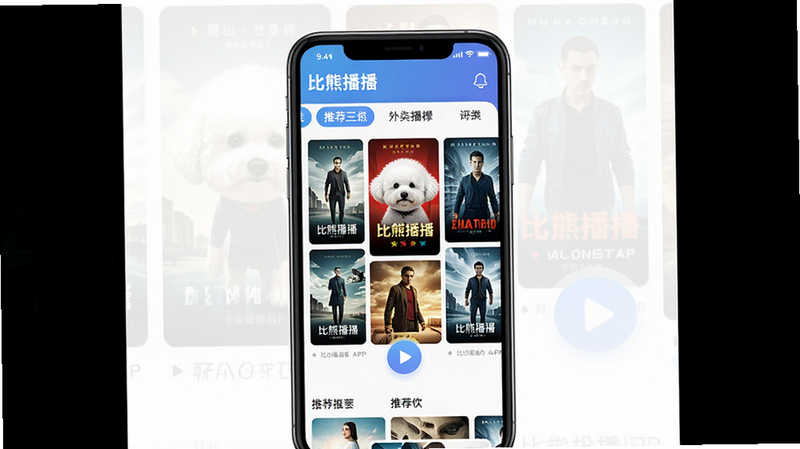 主体:比熊播播APP界面展示,手机屏幕中显示高清电影海报墙,界面风格简约现代。布局:手机位于画面中央,四周留白,背景为渐变色。排版:界面元素排列整齐,有分类标签和推荐位。风格:扁平化设计,色彩明快。细节:屏幕中显示“比熊播播”字样和播放按钮。画质:高清,干净,无多余元素。