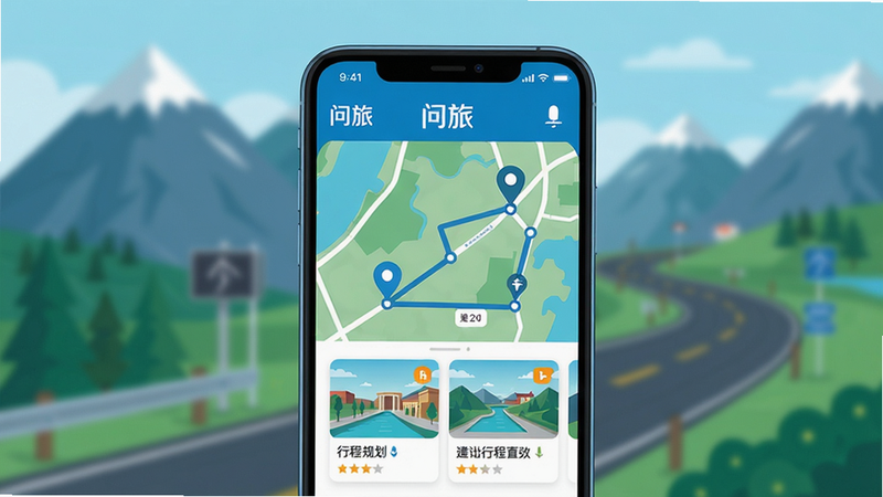 ���壺һ�������������ֻ�����Ļ����ʾ����App���г̹滮���棬�������е�ͼ��·�߱�Ǻ;��㿨Ƭ�����֣��ֻ�λ�ڻ������룬����Ϊ�黯�����г�������ɽ���빫·���Ű棺�ֻ���Ļ���������ɱ棬����Ԫ���������롣����ִ���ƽ���廭���ɫ�����죬����ɫ����ɫΪ��ɫ����ϸ�ڣ���Ļ���С����á�������������ͼ��������������������ʸ��壬�ɾ��޶���Ԫ�ء�