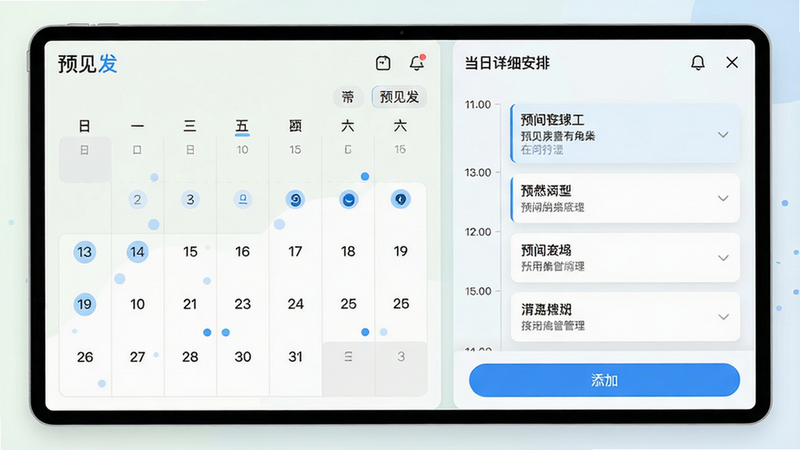 主体:预见发应用的智能日程管理界面。布局:左侧为日历视图,右侧为当日详细安排,下方有添加按钮。排版:信息层级分明,日程条目以卡片形式展示,时间轴清晰。风格:清新自然,浅色背景,蓝色点缀。细节:日历上有标记圆点,日程卡片显示时间和标题,界面有“预见发”字样。画质:高分辨率,干净,无多余元素。