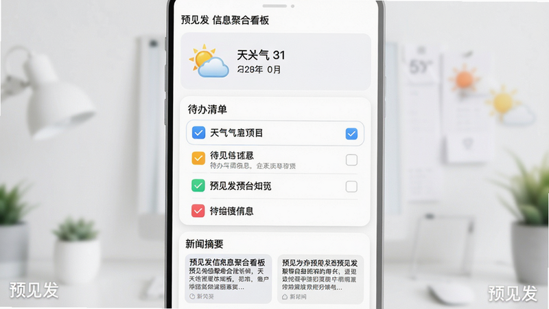 主体:预见发的信息聚合看板界面。布局:顶部显示天气和日期,中间是待办清单,底部为新闻摘要卡片,整体纵向滚动。排版:卡片式布局,圆角设计,间距均匀。风格:简约大气,白色背景,彩色图标。细节:天气图标生动,待办事项有勾选框,新闻标题清晰,页面角落有“预见发”水印。画质:高清,干净,无多余元素。