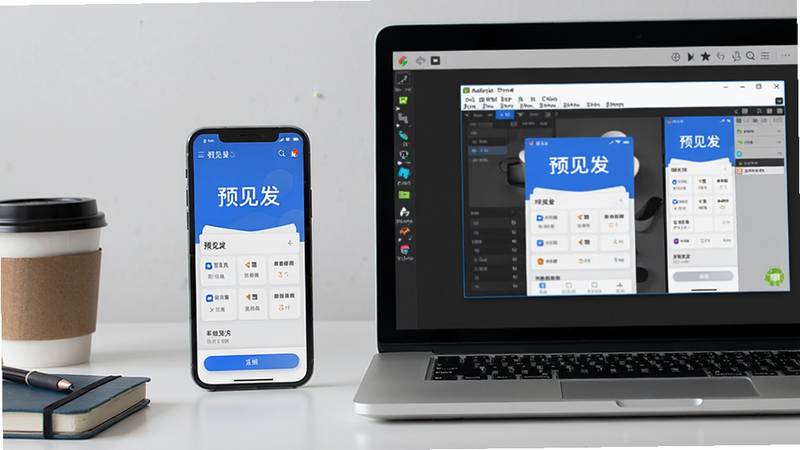 主体:智能手机和电脑并排展示,手机屏幕上显示预见发应用,电脑屏幕上是安卓模拟器界面。布局:左侧手机,右侧电脑,背景为简约工作台。排版:设备比例协调,屏幕内容清晰可见。风格:写实摄影风格,光线柔和。细节:手机屏幕上有“预见发”主界面,模拟器窗口有类似界面,周围有咖啡杯和笔记本。画质:高清,干净,无多余元素。