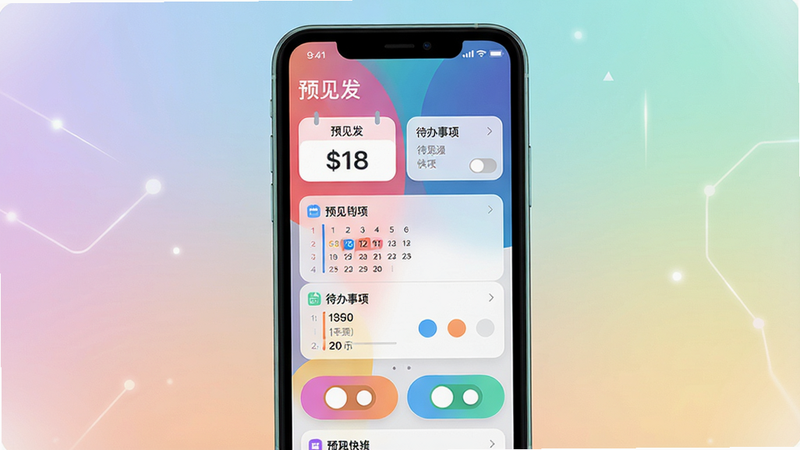 主体:智能手机屏幕显示预见发应用主界面,界面简洁现代。布局:手机居中,屏幕内可见清晰的日程列表和快捷按钮,背景为柔和的渐变色。排版:界面元素整齐排列,图标圆润,文字清晰。风格:扁平化设计,色彩明快,科技感。细节:屏幕上显示“预见发”应用名称,界面有日历、待办事项、快捷开关等模块。画质:高清,干净,无多余元素。