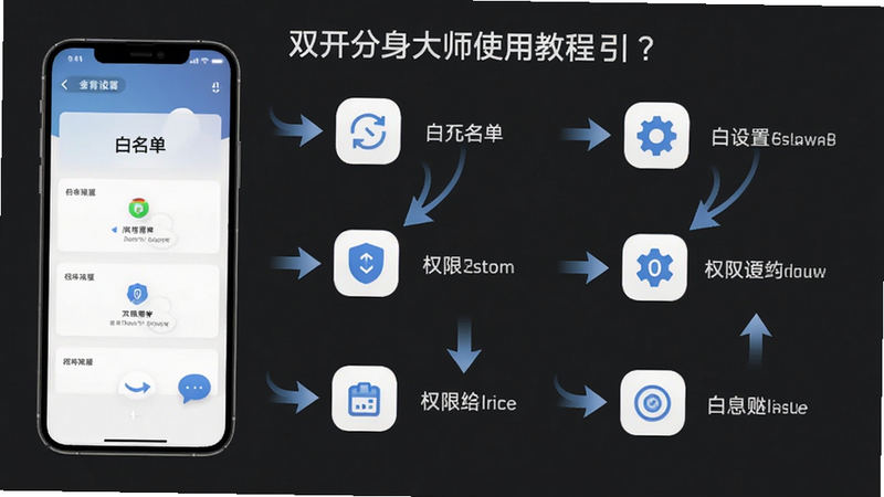 双开分身大师使用教程步骤图,主体为手机屏幕展示设置白名单和权限的操作路径,布局步骤流程式,排版简洁明了,风格指引性,细节包括箭头指示和设置图标,画质干净清晰,无多余元素
