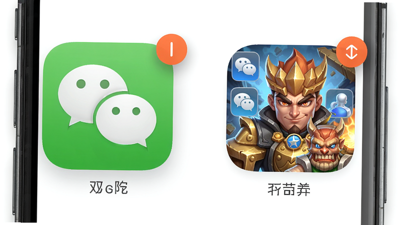 双开分身大师软件主界面预览图,主体为手机屏幕内展示微信和游戏两个应用分身图标,布局对称,排版清晰,风格现代简约,细节包括图标阴影和通知角标,画质高清干净,无多余元素