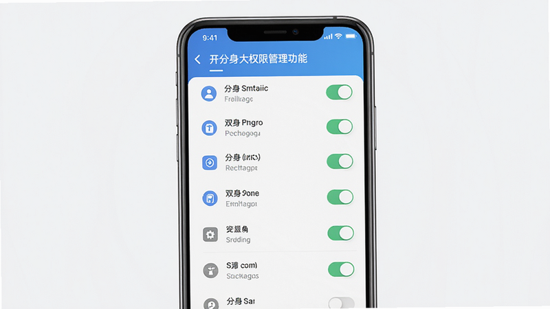双开分身大师权限管理功能预览,主体为手机界面展示对分身应用进行权限设置的选项列表,布局列表式,排版清晰,风格简洁,细节包括开关按钮和权限图标,画质高清,无多余元素