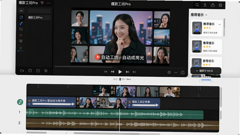 主体为“爆款工坊Pro”的剪辑界面,展示多段视频素材在时间轴上的排列,以及自动生成的字幕和音乐波形。布局为上下结构,上方是预览窗口,下方是编辑轨道。排版风格专业且直观,突出“爆款工坊Pro”的智能化处理过程。细节包括自动标记的高光片段和推荐音乐列表,画质清晰,干净无多余元素。