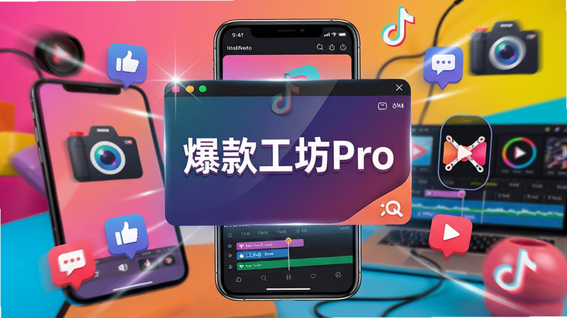 画面主体为“爆款工坊Pro”软件界面悬浮在手机屏幕上方,背景是色彩鲜明的短视频创作场景,包括手机、摄像头、剪辑时间线图标。布局采用中心对称,软件界面占据视觉中心,四周环绕热门的视频元素如点赞、评论、播放按钮。排版清晰,突出软件名称“爆款工坊Pro”,风格为现代科技感与活力感结合,细节包含光线反射和动态模糊效果,画质为4K超清,干净无多余元素。