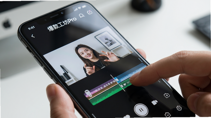 主体为“爆款工坊Pro”在手机上运行的使用场景,展示剪辑和发布流程。布局为手机屏幕特写,界面清晰显示“爆款工坊Pro”的操作画面。排版突出软件名称和主要功能按钮。风格为真实摄影风格,细节包括手指点击操作和屏幕反光,画质高清,干净无多余元素。