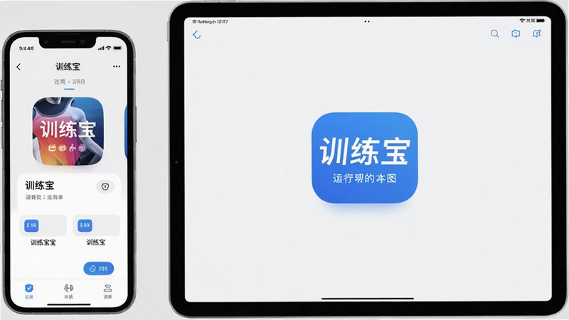 一张展示训练宝APP在手机和平板上的运行对比图,左边是手机竖屏界面,右边是平板横屏界面,背景为浅灰色,突出“训练宝”在不同屏幕上的适配效果,画质干净,布局清晰。