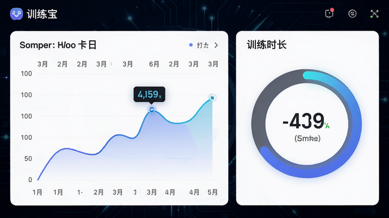 训练宝APP数据统计界面概念图,画面中央是折线图和环形进度环,展示“训练宝”用户的打卡日历和训练时长,背景为深色科技感界面,数据高亮显示,排版清晰,画质细腻,无多余文字。