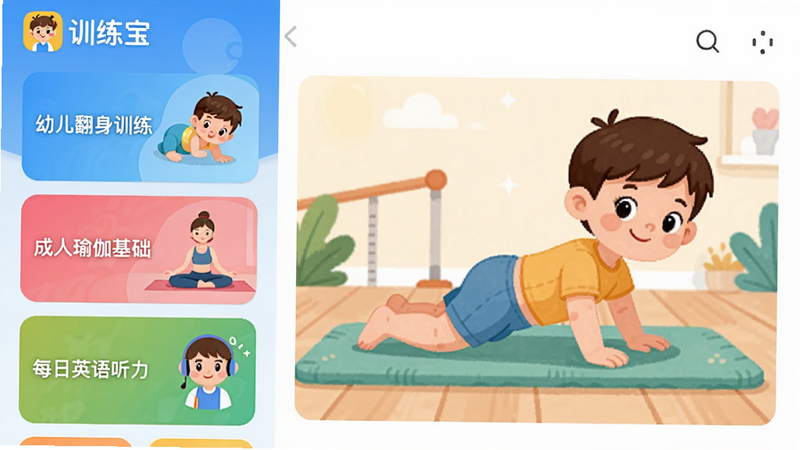 训练宝APP的模板选择页面截图风格插画,左侧列表显示“幼儿翻身训练”、“成人瑜伽基础”、“每日英语听力”等多个彩色卡片,右侧为预览大图,排版整齐,UI设计现代,画质清晰,突出“训练宝”Logo在左上角,整体风格明亮干净。