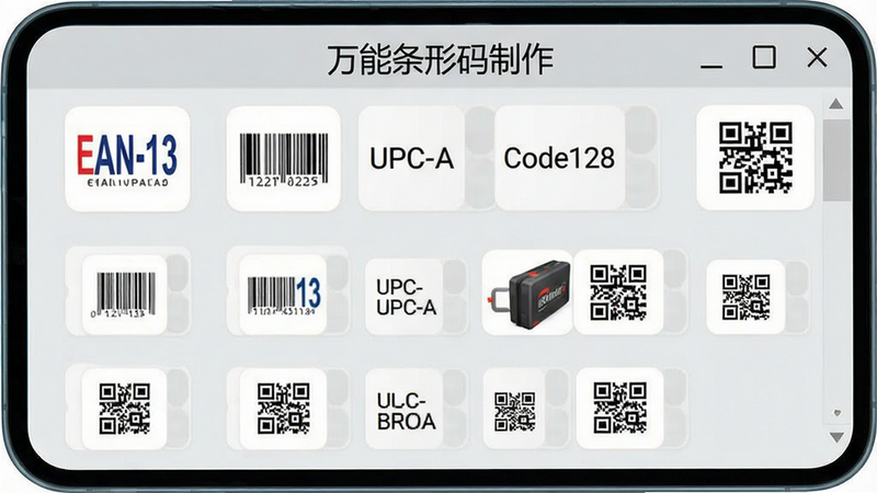 չʾ�������������������ж����������͵�ѡ����棬�ֻ���Ļ������������EAN-13��UPC-A��Code128��QR���ͼ�꣬����Ϊǳ��ɫ�����沼�����������ʸɾ����޶���Ԫ�أ��������ơ����������������������ڶ���