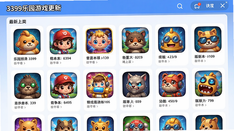 3399乐园游戏更新页面,展示最新上架的游戏图标与版本号,界面列表布局整齐,高画质,干净无多余元素