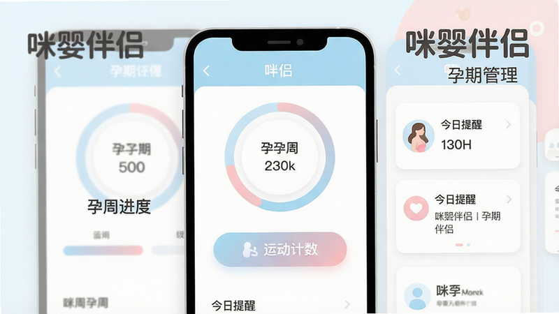 一张扁平化风格的手机界面预览图,画面中央显示咪婴伴侣软件的孕期记录页面,包含孕周进度环、胎动计数按钮和今日提醒卡片,布局清晰,排版规整,配色以浅蓝和浅粉为主,风格简约现代,细节强调图标的圆润感和数据的可视化,画质干净无多余元素,图片上带有“咪婴伴侣”字样和“孕期管理”小标题