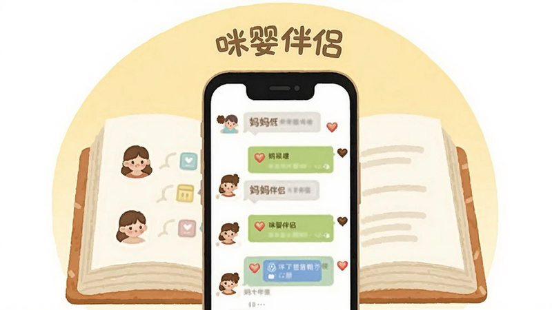 一幅插画风格的图片,主体是一个打开的书籍和手机屏幕,屏幕上有妈妈们在聊天对话框,背景是淡黄色的圆形光晕,布局对称,排版有层次感,风格温馨治愈,细节包括书籍上的小图标和手机上的爱心表情,画质干净无多余元素,图片上带有“咪婴伴侣”字样