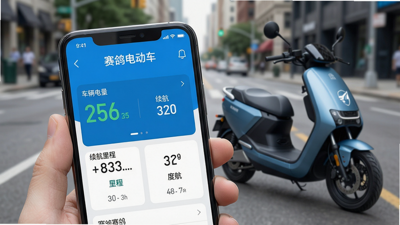 一张智能手机屏幕特写,屏幕中清晰显示“赛鸽电动车”APP的主界面,界面风格简洁现代,以蓝白为主色调,展示着车辆电量、续航里程等核心信息。手机被一只手握着,背景是虚化的城市街道和一辆造型时尚的赛鸽电动车,体现出智能互联的便捷感,画质干净清晰,无多余元素。