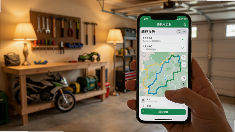 一张用户使用手机操作“赛鸽电动车”APP查看“骑行报告”的实拍图,手机屏幕占据画面主体,清晰展示着详细的数据列表和地图轨迹线,背景是一个温馨的家庭车库环境,光线柔和,整体风格写实自然,画质干净清晰,无多余元素。