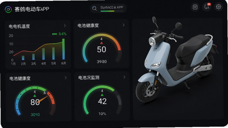 一张“赛鸽电动车”APP的智能车况监测界面截图示意图,界面以深色背景为主,用各种彩色图表和仪表盘样式展示电机温度、电池健康度等数据,数据清晰易读,旁边配有形象的车辆3D模型,科技感十足,画面干净整洁,无多余元素。
