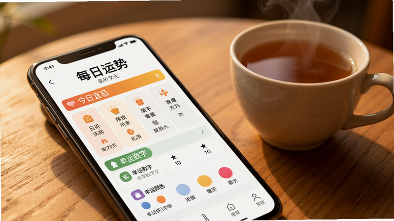 主体:一部智能手机显示易祈文化“每日运势”页面,页面中有“今日宜忌”和“幸运数字”“幸运颜色”等条目,旁边有一杯冒着热气的茶。布局:手机斜放于木质桌面,茶在后方虚化,主体突出。排版:界面文字清晰,条目用不同颜色图标区分。风格:温馨生活化场景,暖色调灯光,画质细腻干净。