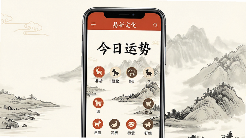 主体:手机屏幕展示易祈文化APP界面,界面中有“今日运势”四个字和生肖属相图标,背景为淡雅的山水水墨画风格。布局:手机居中,屏幕内容清晰可见,周围留白干净。排版:界面布局简洁,功能图标规整排列,顶部有“易祈文化”品牌字样。风格:中国风与现代扁平化结合,色调以朱红、米白、墨色为主,画质高清,整体干净无多余元素。
