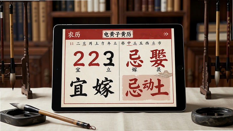 主体:一本打开的电子黄历平板设备,屏幕上显示农历日期和“宜嫁娶”“忌动土”等字样,旁边有毛笔和砚台。布局:平板居中,周围摆放古风文具,背景是仿古书架的虚化。排版:黄历页面清晰,红黑字体对比明显。风格:古风雅致,光影柔和,画质干净无杂物。