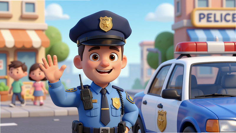 主体:一名身穿蓝色警服的卡通警察站在警车旁,微笑着挥手。布局:警察位于画面中央偏左,右侧是警车与街道背景。排版:画面干净,字体位置留白。风格:卡通渲染,明亮色彩,柔和光线。细节:警徽、警帽、对讲机等装备清晰可见,背景有行人、店铺招牌。画质:高清,干净,无多余元素。