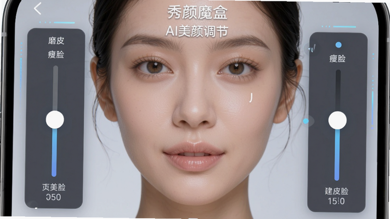 主体:手机屏幕特写展示秀颜魔盒的AI美颜调节界面,左右两侧有滑块和数值显示,模特面部细节清晰,布局为UI截图风格,排版规整,风格为科技感平面设计,细节包括“磨皮”、“瘦脸”等中文标签,画质干净,无多余元素。